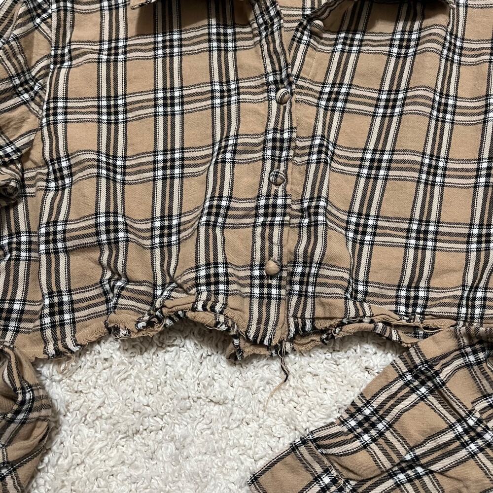 Princess Polly Size 4 Brown Black Plaid Cut Off Raw Hem Button Down Nora Top - Picture 5 of 7